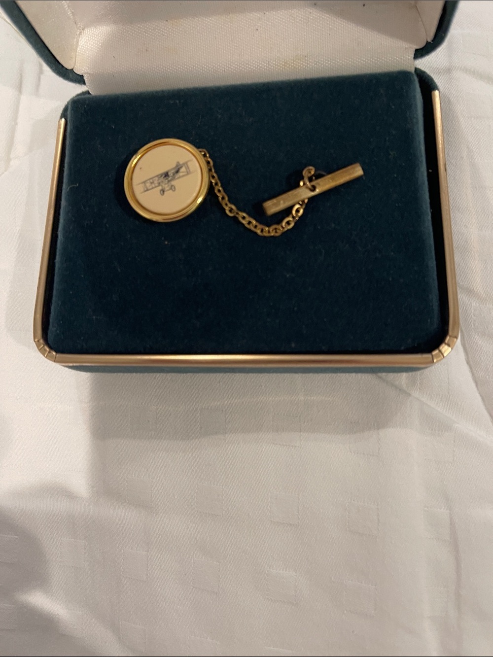 Vintage Barlow Faux Scrimshaw Gold Aircraft Tie Tack with Chain